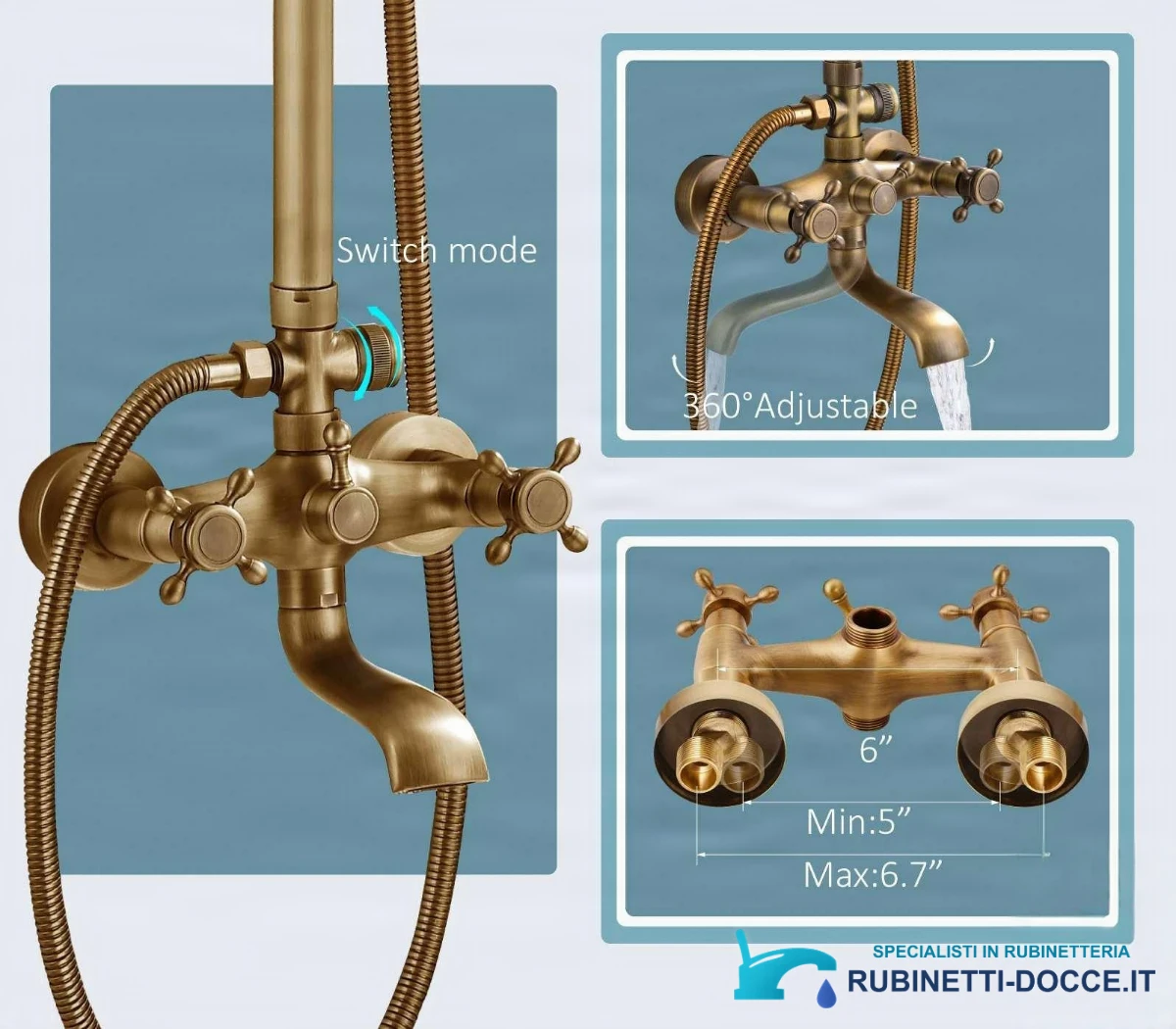 Sistema doccia esterno EYN woo-3100 AT1442 con bocca girevole, in ottone antico, bronzo antico e altre finiture