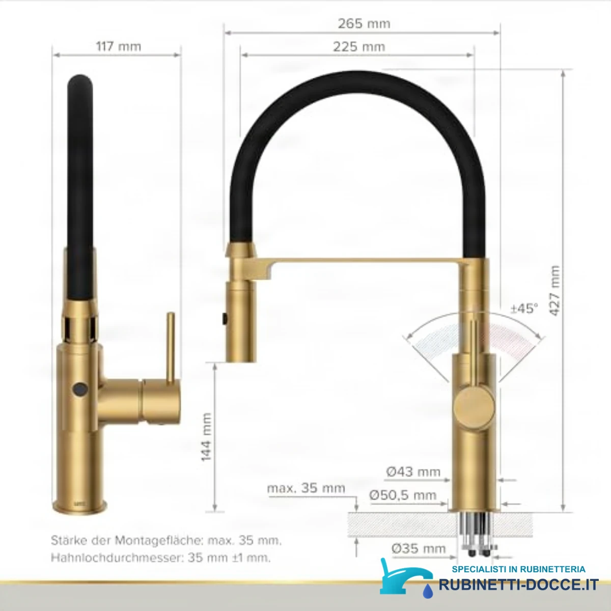 Disegno tecnico del rubinetto ELITE EDITION KF1445, alto 427 mm e largo 265 mm