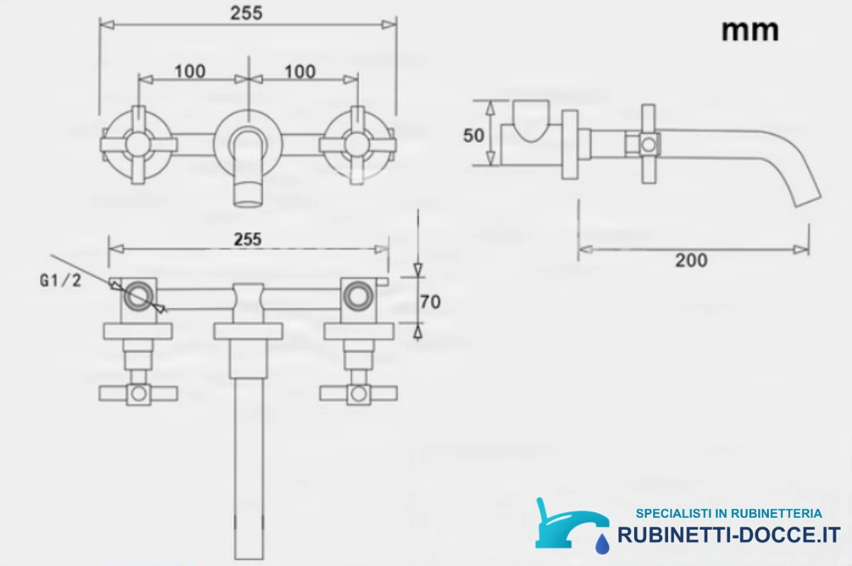 Disegno tecnico del rubinetto lavabo LED EYN SU0167 (255 mm, bocca 200 mm, G1/2)