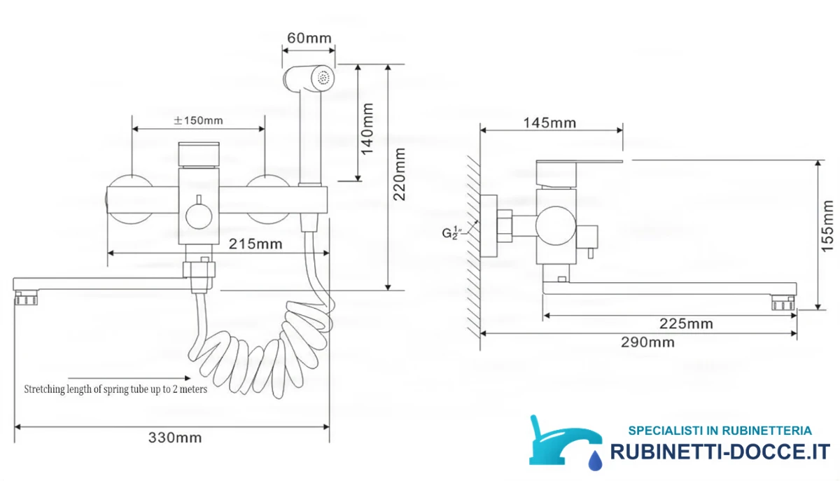 Disegno tecnico del miscelatore EYN WK1124 (290×155 mm, G1/2)