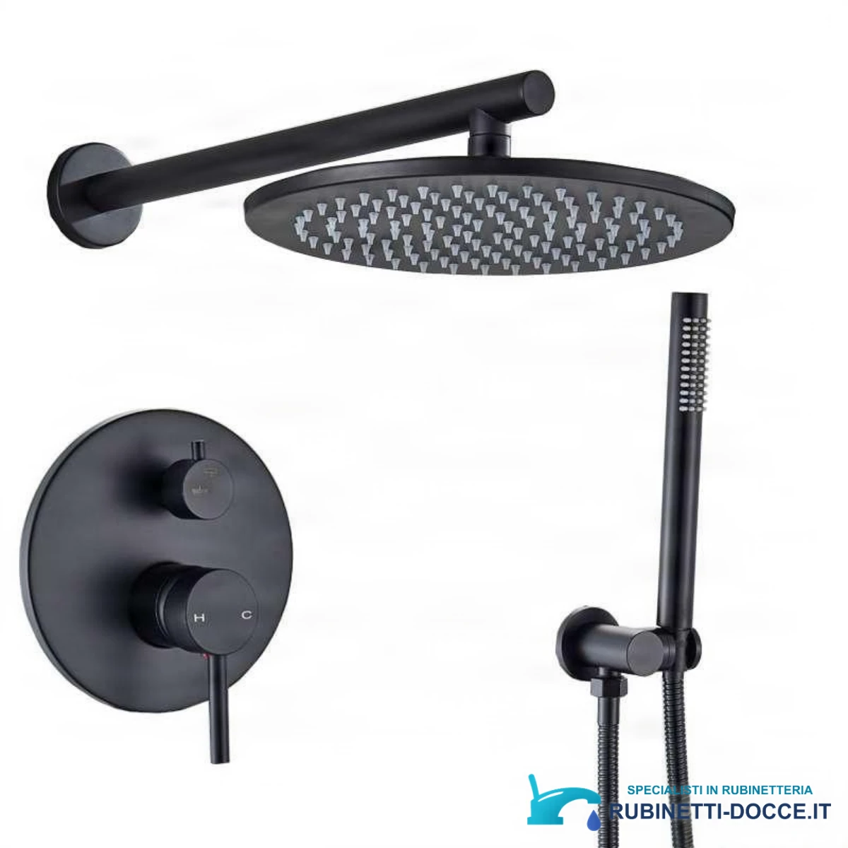 Sistema doccia a incasso EYN BP1225 a due uscite, finiture nero opaco, nero e nero opaco con ugelli bianchi