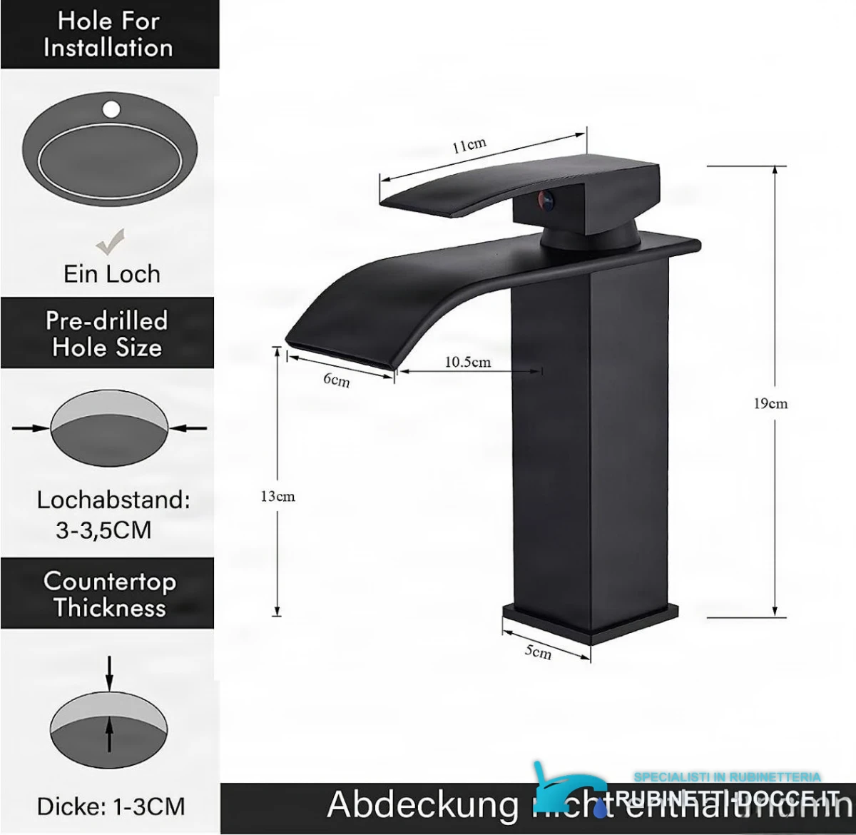 Miscelatore per lavabo EYN103 in ottone con bocca a cascata, disponibile in più finiture