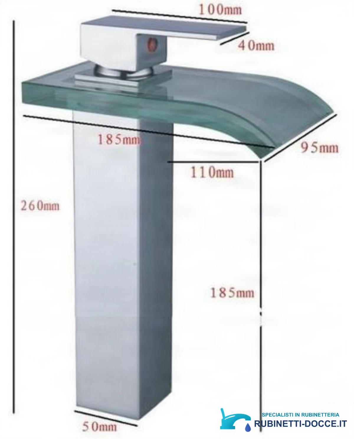 Disegno quotato del rubinetto EYN x013 woo-986, altezza 260 mm e bocca 185 mm