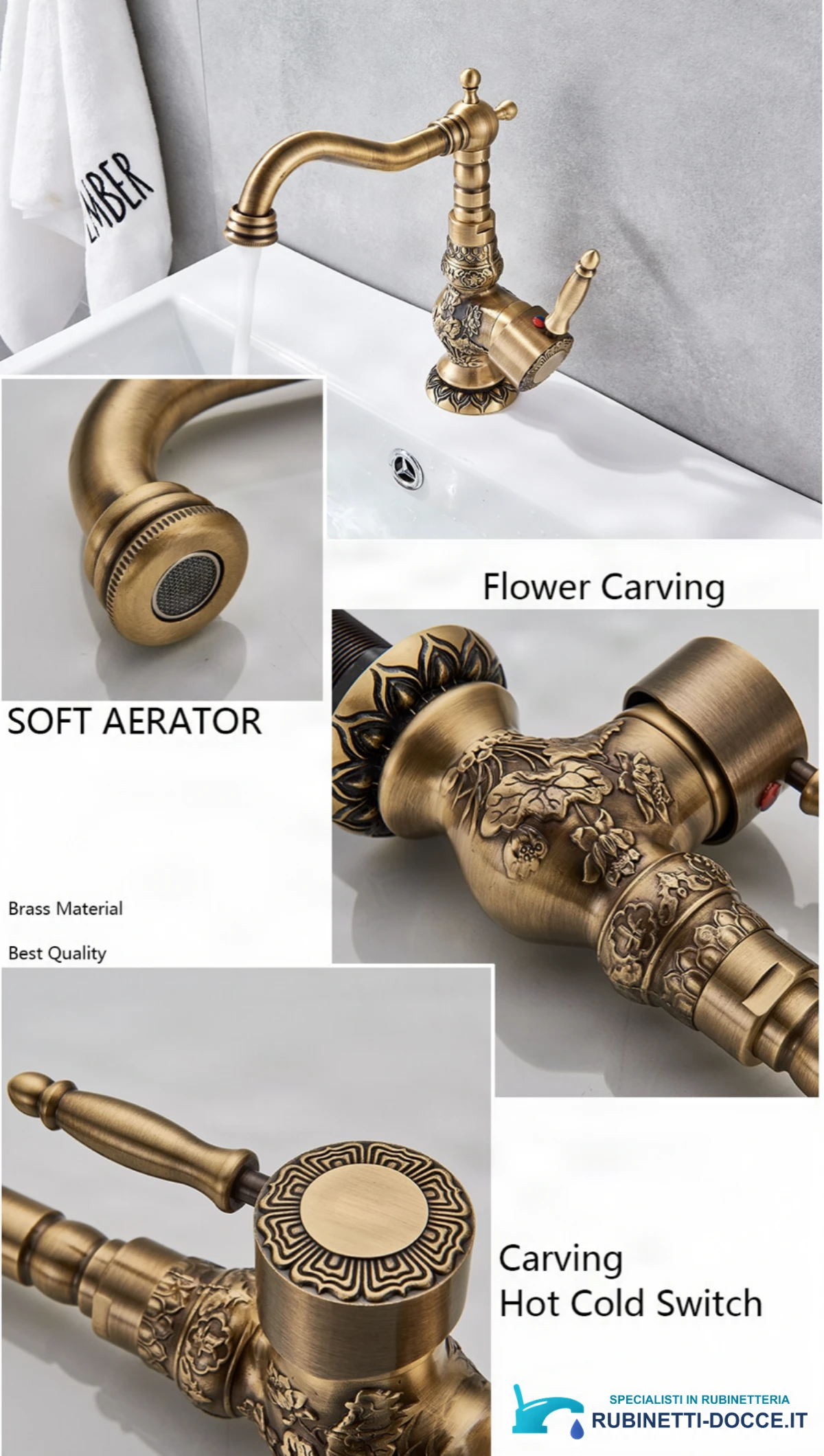 Rubinetto lavabo anticato AQB1600 con finitura in ottone patinato