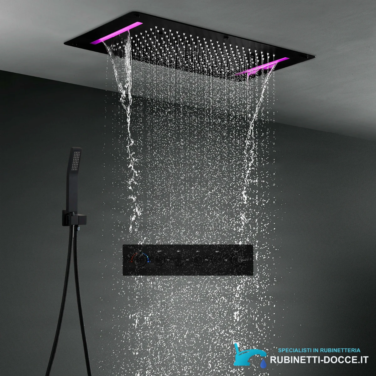 Sistema doccia a incasso ELITE EDITION BCS1557 termostatico con LED, getto a cascata e idromassaggio, nero e nero opaco