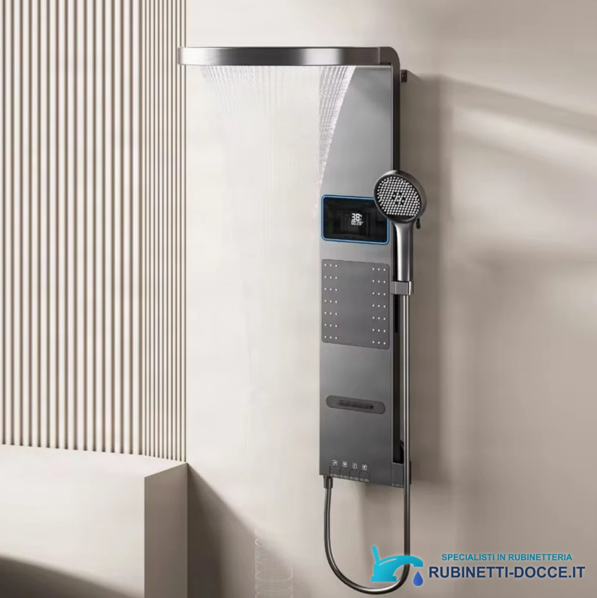 Pannello doccia ELITE EDITION BSE1424 a parete con LED, getti massaggianti e finiture grigio grafite, grigio scuro e oro