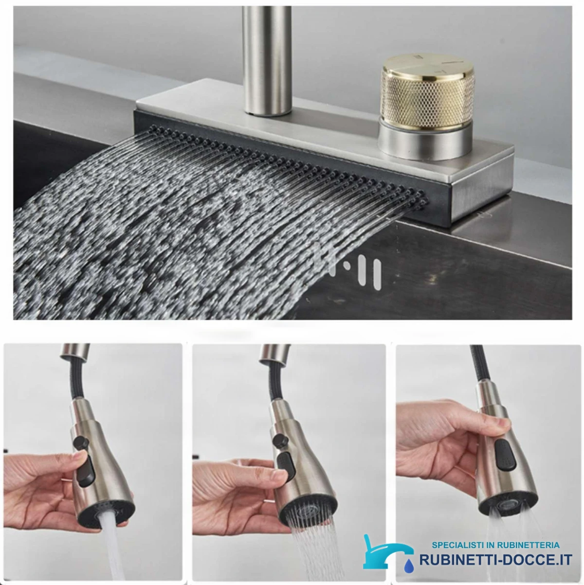 Rubinetto da cucina KW1599 con doccetta multigetto e cascata, finitura argento spazzolato