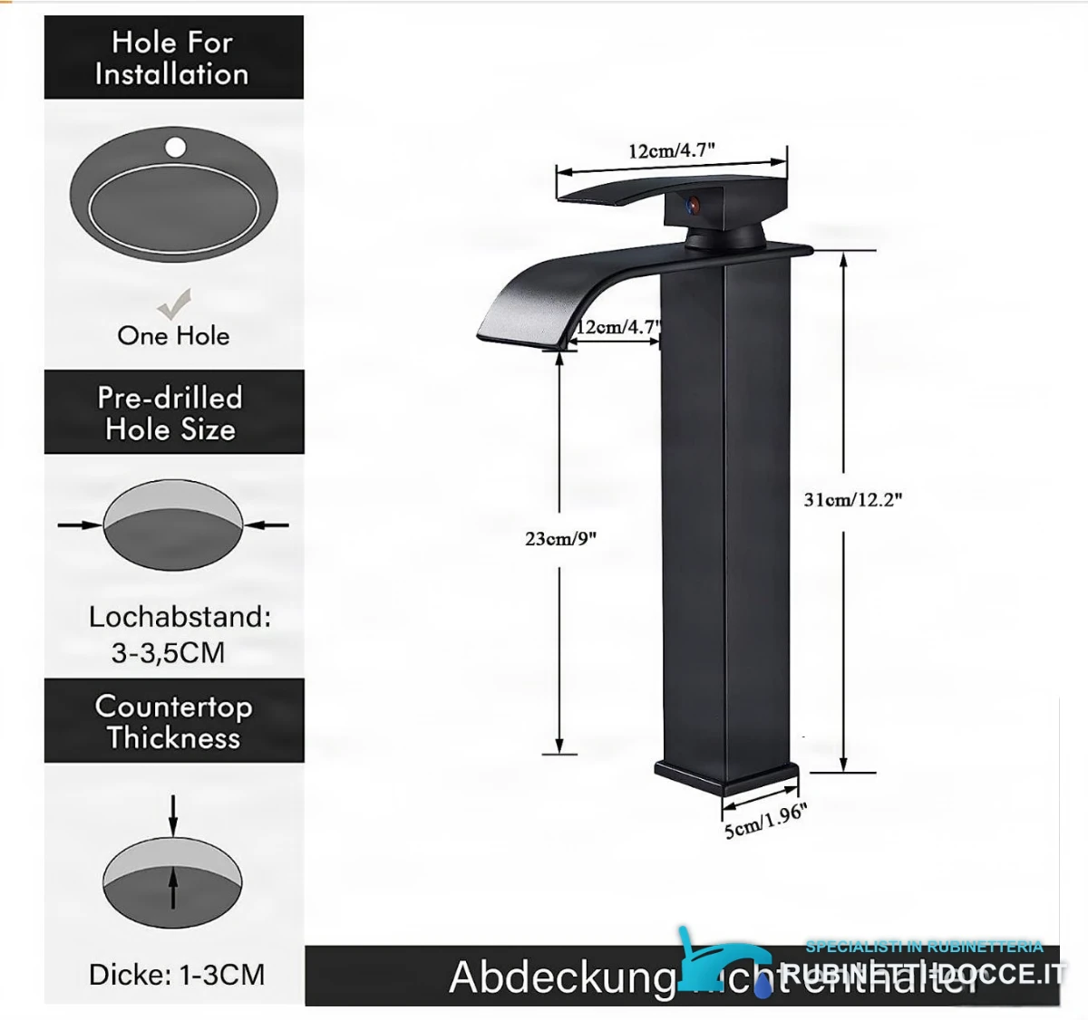 Disegno tecnico del miscelatore da lavabo EYN103 (31 cm, 23 cm, 12 cm, foro 3–3,5 cm)