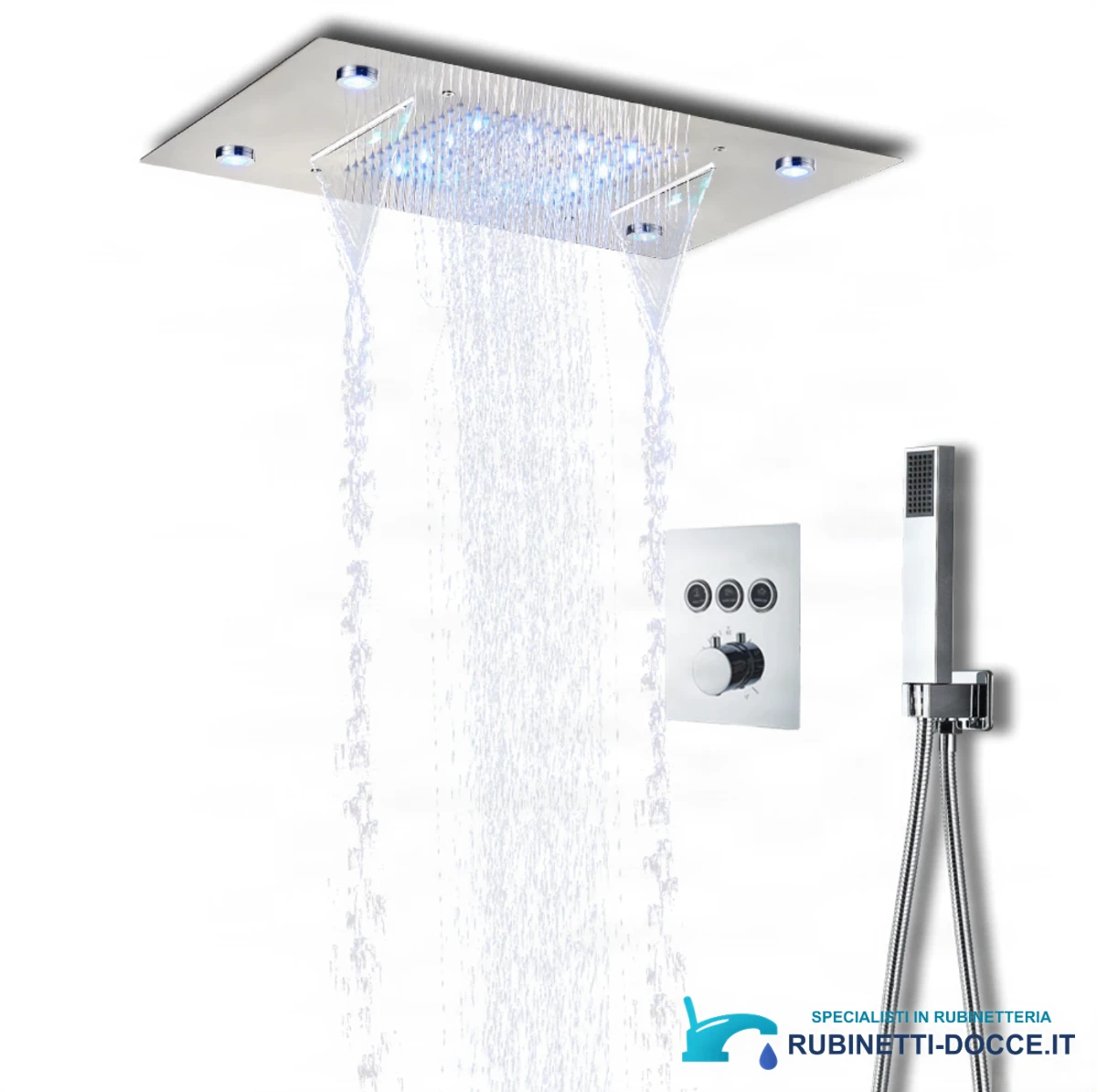 Sistema doccia da incasso EYN PT8899 con LED, termostato, cascata e getti multipli, in più finiture tra cui nero opaco e cromo